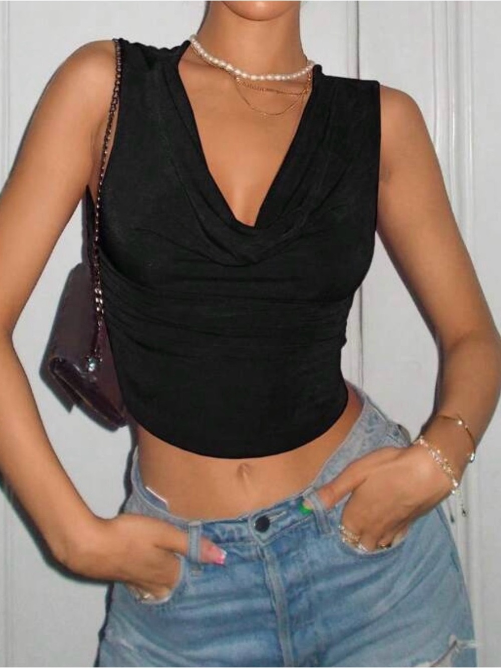 Women's Black Draped Cowl Neck Sleeveless Crop Top